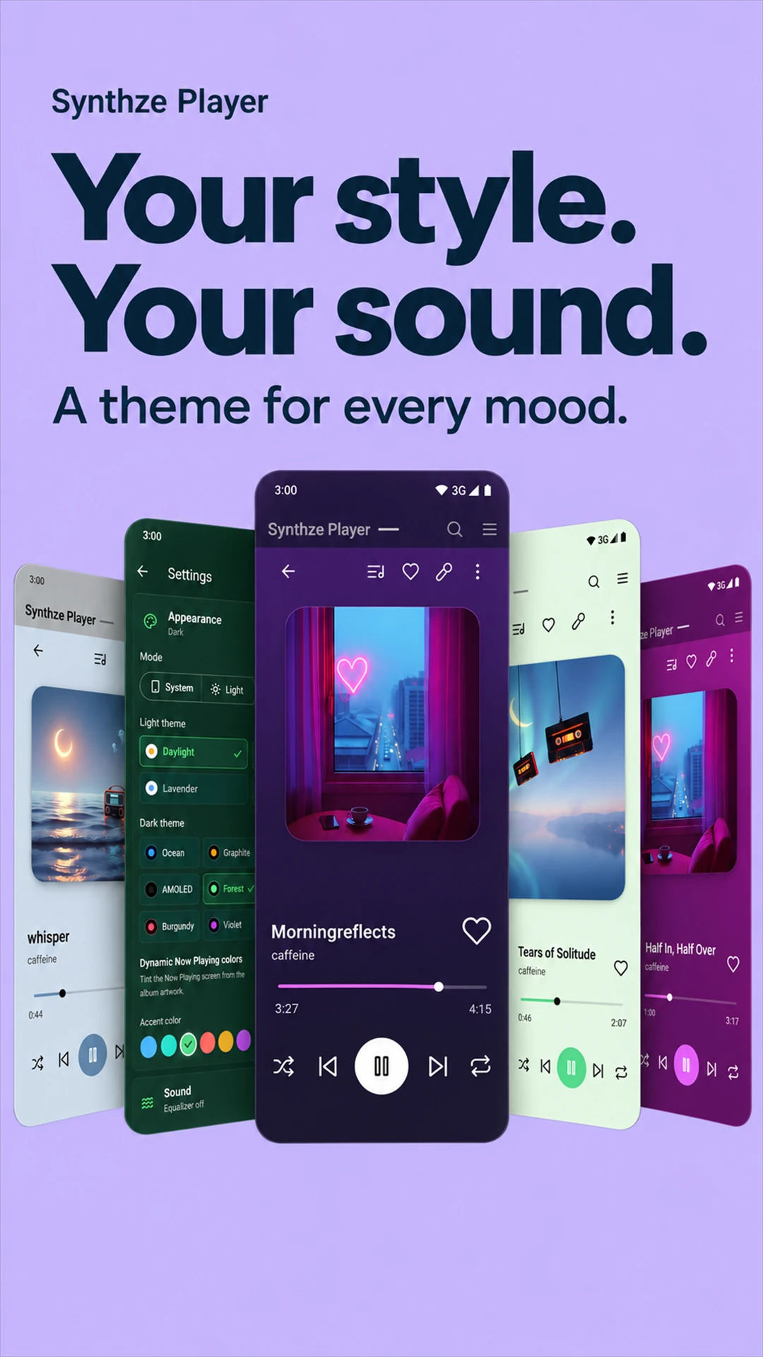 Five Synthze Player screens showing different color themes