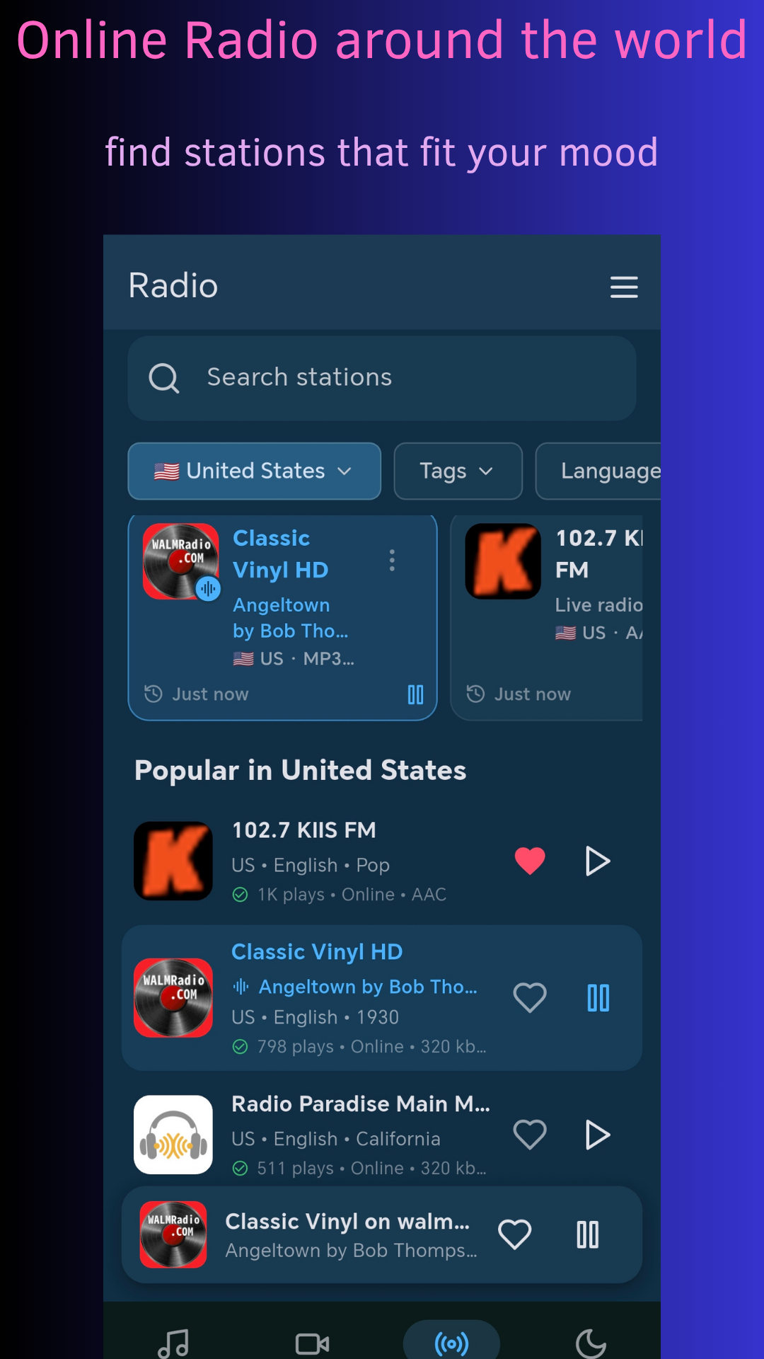 Synthze Player live radio interface